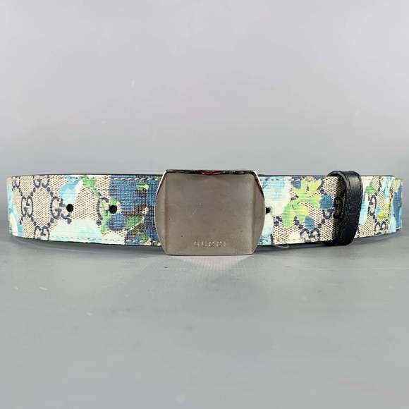 GUCCI Blue Grey Floral Canvas Belt - Picture 1 of 7